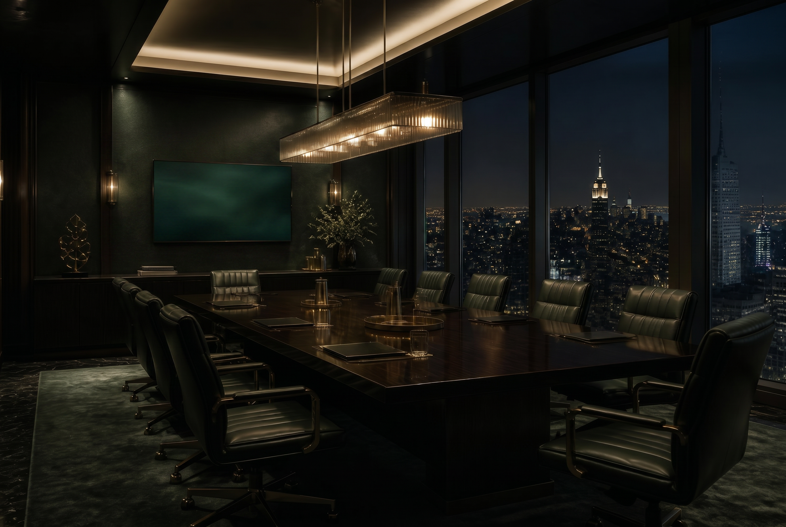 Executive boardroom overlooking a city skyline at night